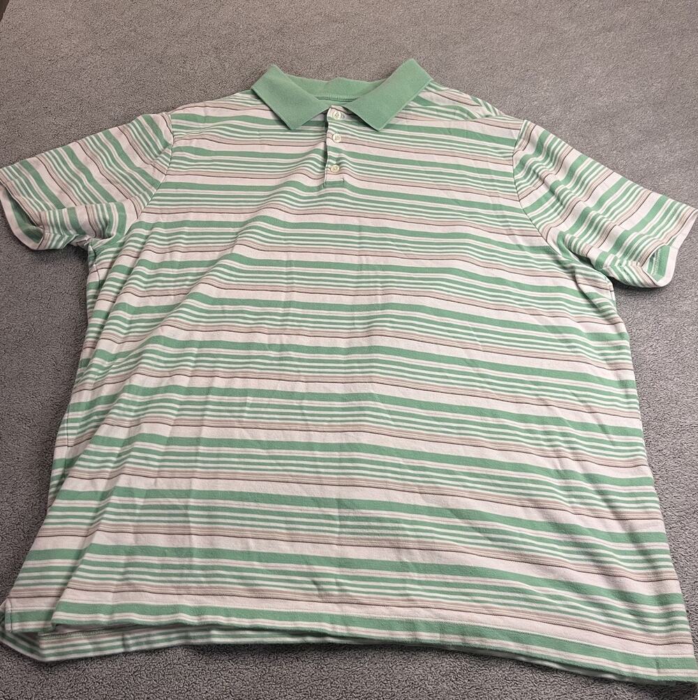 Perry Ellis Men's XXL Green White Striped Short Sleeve Polo Shirt 100% Cotton
